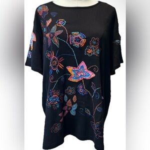 Laura Ashley Boho Black Blouse with Colorful Embroidery Size 2X